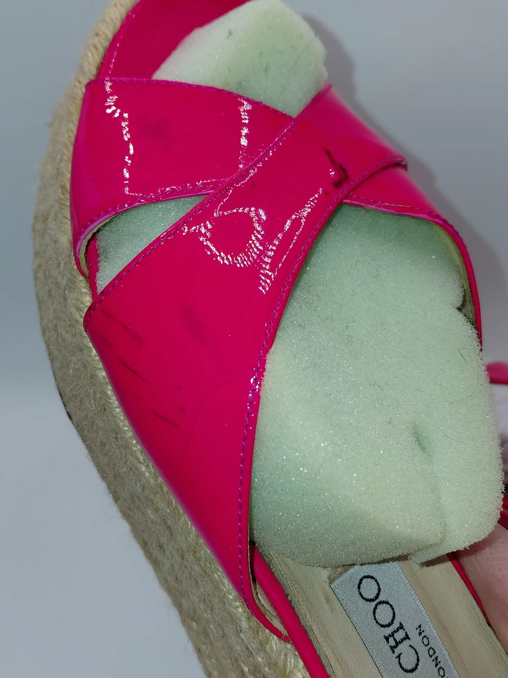 Jimmy Choo Pink Paisley/ Prima Patent Leather Espadrille Wedge Slide Sandals 41